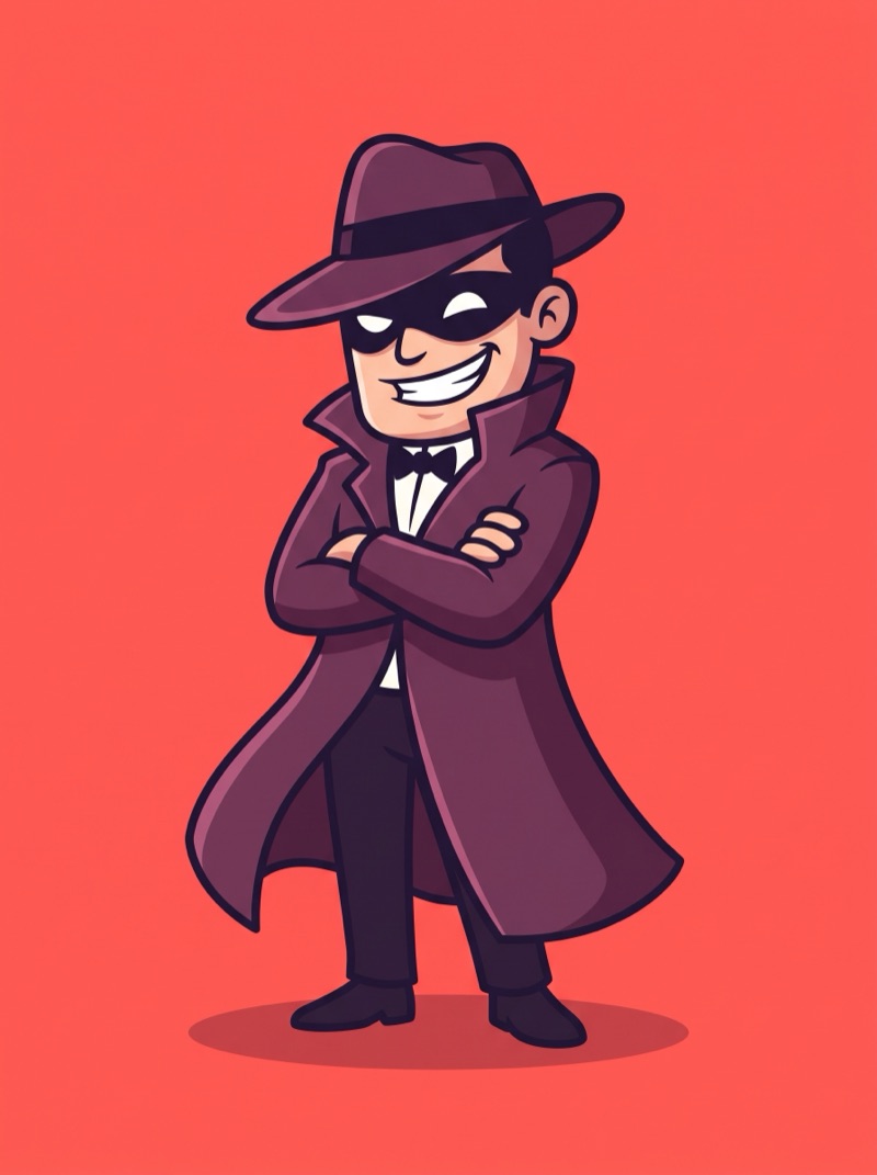 A dapper cartoon mafioso in a trench coat and fedora, wearing a black domino mask, grinning with arms folded